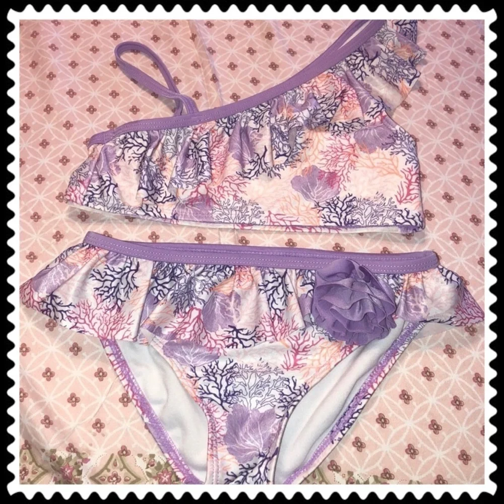 🦄Crazy 8 2piece bathing suit girls size S 5-6🦄 purple flower design